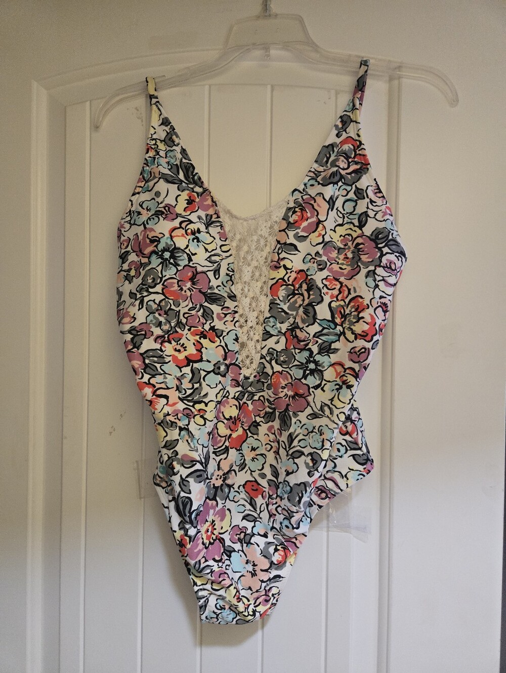 NWOT Floral Lace-Trim One-Piece Swimsuit - White Multicolor